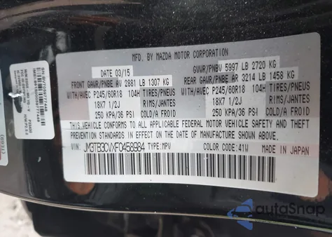 2015 Mazda Cx-9 Touring z USA, uszkodzony, nr VIN JM3TB3CVXF0458984